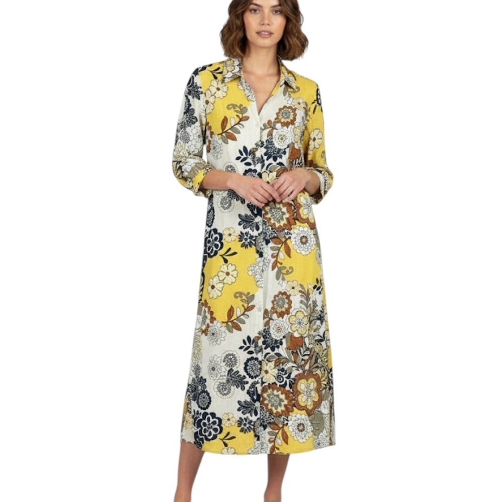 Charlie B Floral 3/4 Roll Tab Sleeve Button Down Shirt Midi Dress Medium